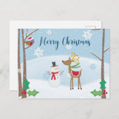 Carte Postale Joyeux Noël mignon dessin Snowman Reindeer (Devant / Derrière)