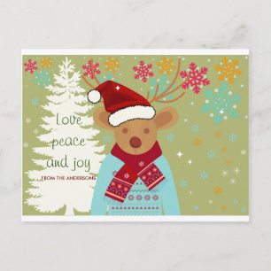 Carte Postale Joyeux Noël mignon Pine Vintage Arbre Neige Reinde