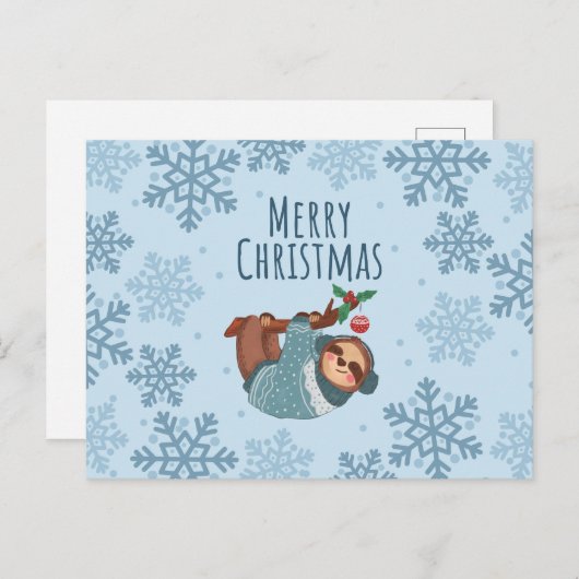 Carte Postale Joyeux Noël mignonne Sloth et Blue Snowflakes (Devant / Derrière)