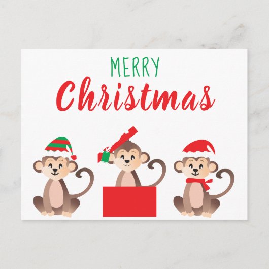 Carte Postale Joyeux Noël Mignons singes Casquettes de Noël (Devant)