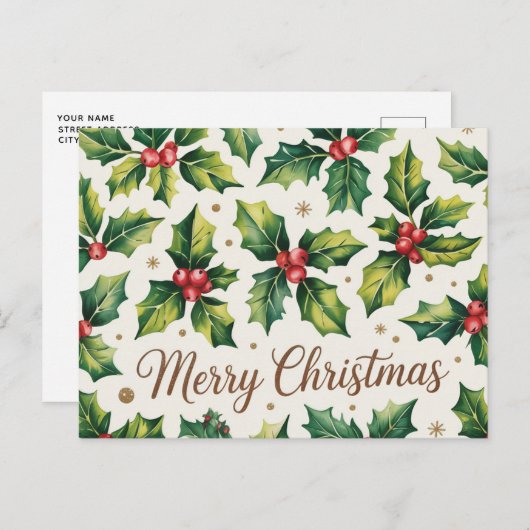 Carte Postale Joyeux Noël moderne Holly et Berries (Devant / Derrière)