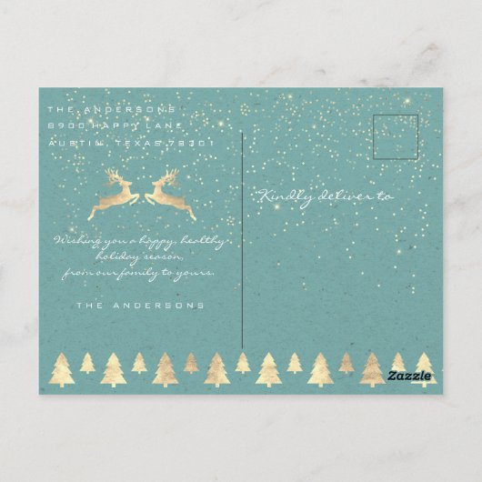 Carte Postale Joyeux Noël Neige Turquoise or Parties scintillant (Dos)