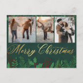 Carte Postale joyeux noël or vert 3 photo collage couple (Devant)