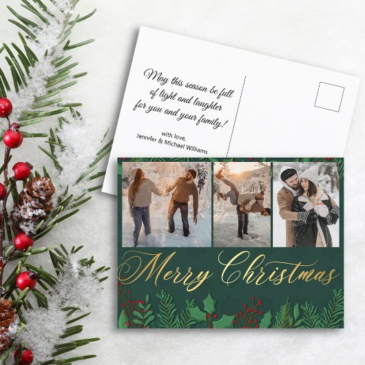 Carte Postale joyeux noël or vert 3 photo collage couple