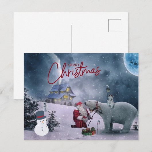 Carte Postale Joyeux Noël Père Noël et ours polaire (Devant / Derrière)