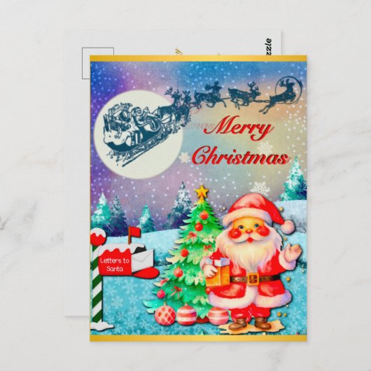 Carte Postale Joyeux Noël Père Noël, Sleigh, Reindeer, Snowflake (Devant / Derrière)