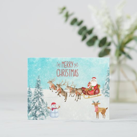 Carte Postale Joyeux Noël Père Noël, Snowman, Reindeer, Forêt (Debout devant)