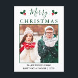 Carte Postale Joyeux Noël Red Berries Photo Green<br><div class="desc">Photo Merry Christmas Red Holly Berries Carte postale de vacances - Script vert</div>