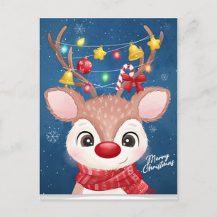 Carte Postale Joyeux Noël Renne avec des lumières