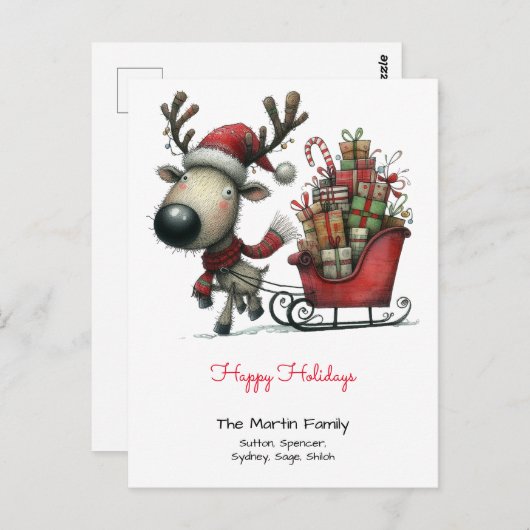 Carte Postale Joyeux Noël Renne Tirant un Traîneau Fêtes Joyeuse (Devant / Derrière)