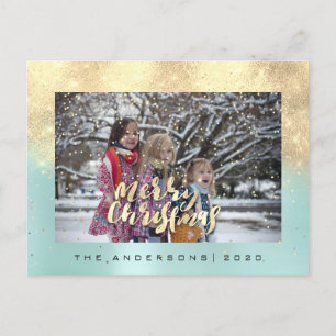 Carte Postale Joyeux Noël Rose de neige Gold Aqua Parties scinti