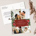 Carte Postale Joyeux Noël rouge 3 Photo Fête Botanique<br><div class="desc">Cette collection présente des fleurs rouges aquarelles,  des baies et de la verdure hivernale avec une typographie moderne et élégante,  avec un motif botanique d'hiver.</div>