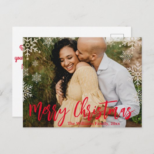 Carte Postale joyeux Noël rouge écriture manuscrite snowflakes p (Devant / Derrière)