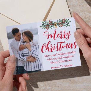 Carte Postale joyeux noël rouge écriture nouvelle mariée photo