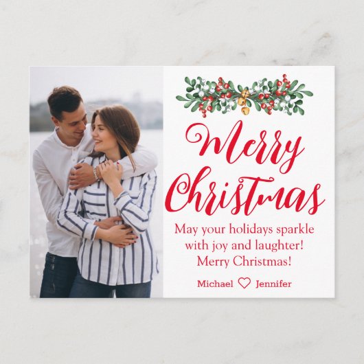 Carte Postale joyeux noël rouge écriture nouvelle mariée photo (Devant)