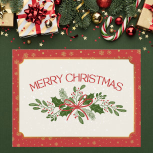 Carte Postale Joyeux Noël Rouge et Vert Classique avec Holly