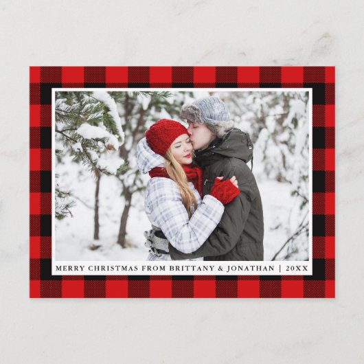 Carte Postale Joyeux Noël Rouge Plaid Couple Photo (Devant)