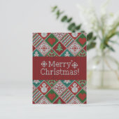 Carte Postale Joyeux Noël Rouge Vert Blanc Faux Knit Motif (Debout devant)