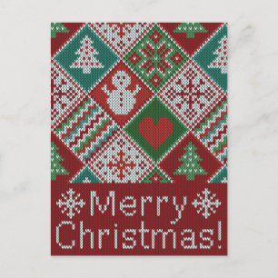 Carte Postale Joyeux Noël Rouge Vert Blanc Faux Knit Motif