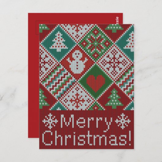 Carte Postale Joyeux Noël Rouge Vert Blanc Faux Knit Motif (Devant / Derrière)