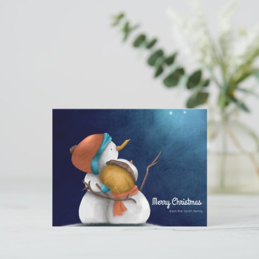 Carte Postale Joyeux Noël Starry nuit avec Snowmen étreinte (Debout devant)