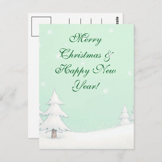 Carte Postale Joyeux Noël vert et pins neigeux (Devant / Derrière)