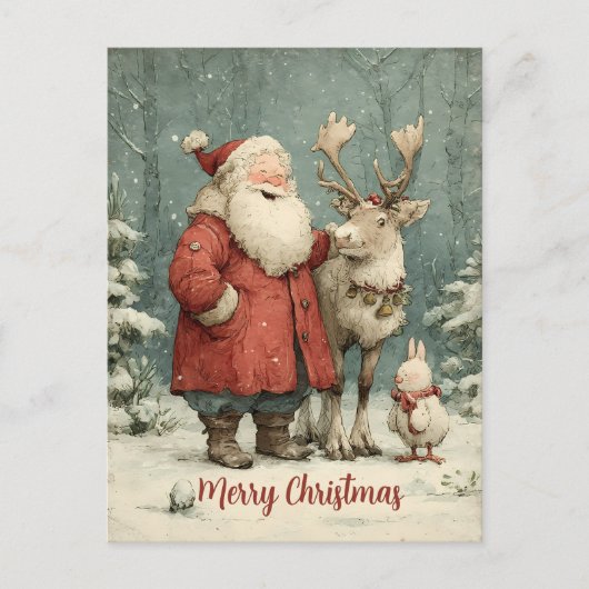 Carte Postale Joyeux Noël Vintage Père Noël & Reindeer (Devant)