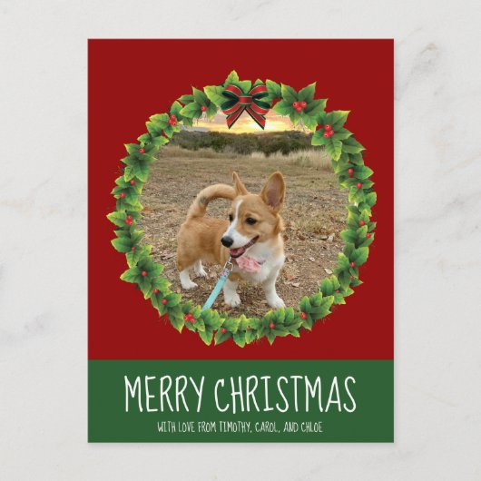 Carte Postale Joyeux Noël Wreath mignon Custom Chien Photo Rouge (Devant)