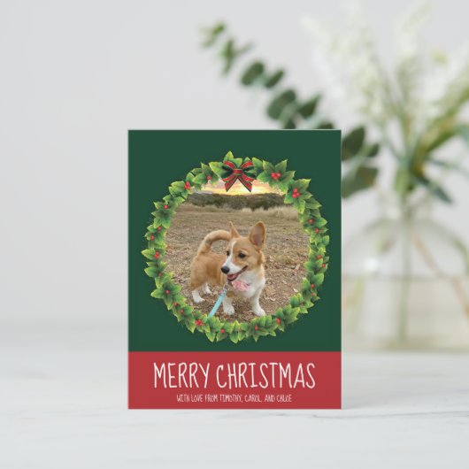 Carte Postale Joyeux Noël Wreath mignon Custom Chien Photo Vert (Debout devant)
