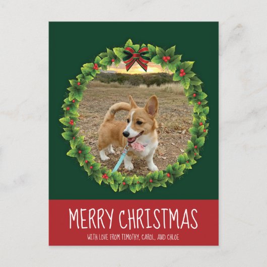 Carte Postale Joyeux Noël Wreath mignon Custom Chien Photo Vert (Devant)
