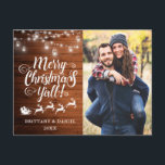 Carte Postale Joyeux Noël Y'all Lights Wood Couple Photo<br><div class="desc">Joyeux Noël Y'all Wood String Lights Mason Jars Couple Photo Carte postale</div>