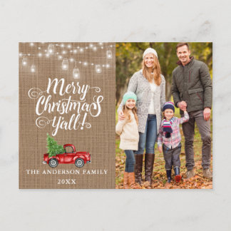 Carte Postale Joyeux Noël Y'all Lumières photo Burlap Camion