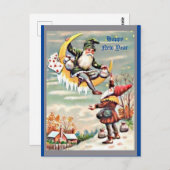 Carte Postale Joyeux Nouvel An Gnomes, Tomte, Lune, Sacs d'argen (Devant / Derrière)
