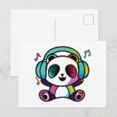 Carte Postale Joyeux Panda avec écouteurs écoutant de la musique (Devant / Derrière)
