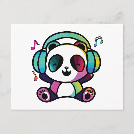 Carte Postale Joyeux Panda avec écouteurs écoutant de la musique (Devant)
