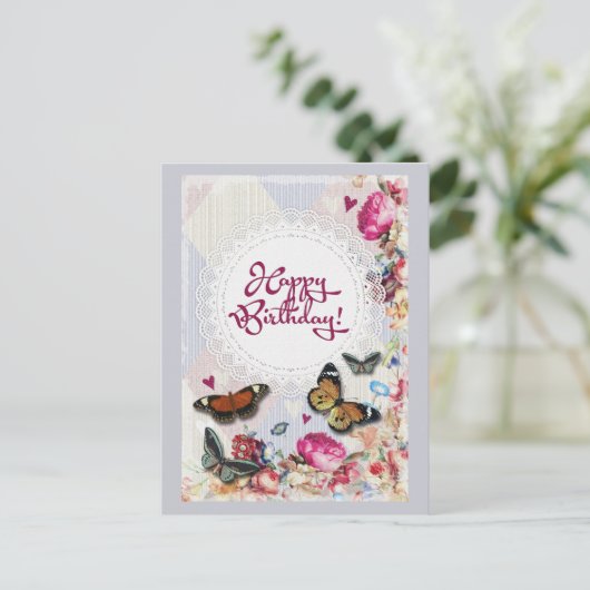 Carte Postale Joyeux papillons et fleurs d'anniversaire (Debout devant)
