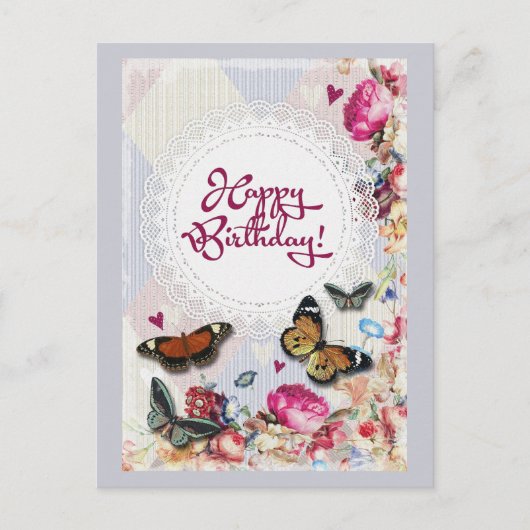 Carte Postale Joyeux papillons et fleurs d'anniversaire (Devant)