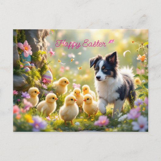 Carte Postale Joyeux Pâques Collie et les poussins (Devant)