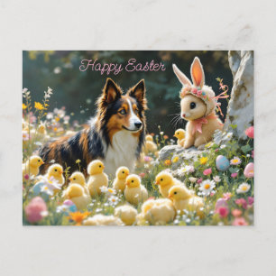 Carte Postale Joyeux Pâques Collie et les poussins