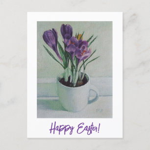 Carte Postale Joyeux Pâques joli crocus violet art floral