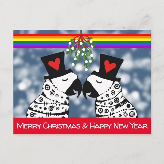 Carte Postale Joyeux Parrots Gay de Noël sous le Mistletoe (Devant)