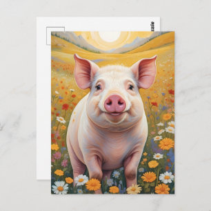 Carte Postale Joyeux Petit Cochon Sunny Daisy Field