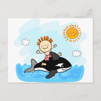 Carte Postale joyeux petit garçon nageant en mer dessin animé