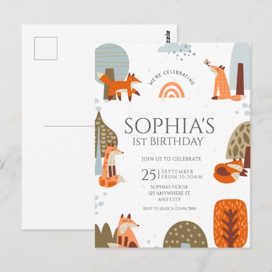 Carte Postale Joyeux premier anniversaire au renard illustré mig (Devant / Derrière)