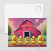 Carte Postale Joyeux Printemps Cinq poussins jaunes dans la bass (Devant / Derrière)