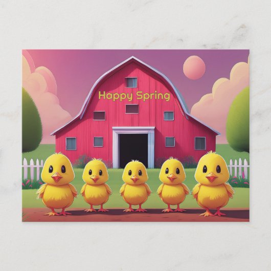 Carte Postale Joyeux Printemps Cinq poussins jaunes dans la bass (Devant)