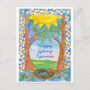 Carte Postale Joyeux printemps Equinox soleil Oiseaux arbres Nat
