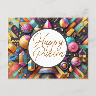 Carte Postale Joyeux Purim Juif Voeux Multicolor Décor Parti