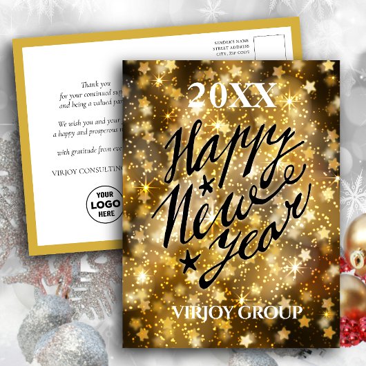 Carte Postale Joyeux Script du Nouvel An Festive Gold Stars Busi