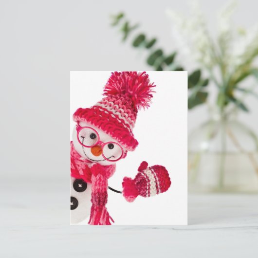 Carte Postale Joyeux Snowman Spectaculaire En Casquette Rose Kni (Debout devant)